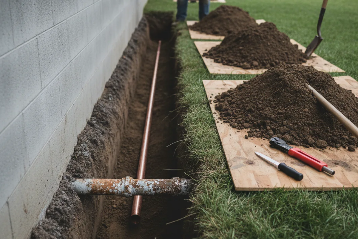 Excavated water line trench during Water Heater Repair in Ona